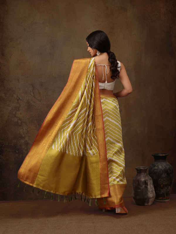 Yellow Silk Blend Digital Print Striped Saree with Unstitched Blouse - Hiral Fashion