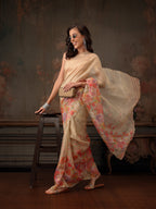 Hiral Fashion Beige Kota Doria Tissue Silk Floral Digital Print Saree
