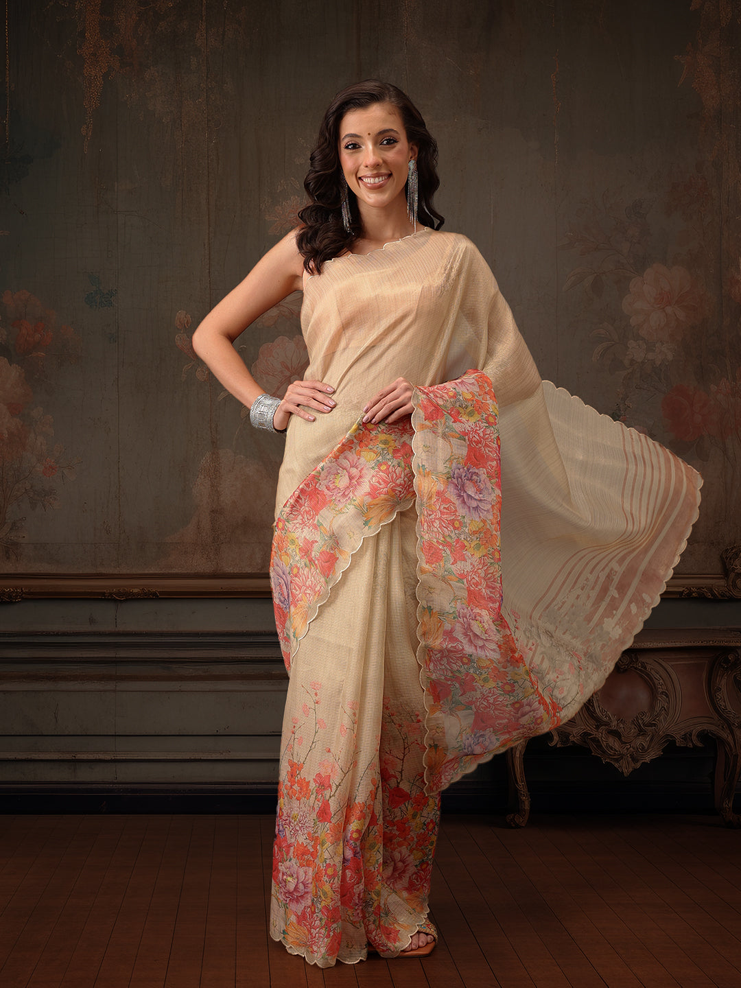 Hiral Fashion Beige Kota Doria Tissue Silk Floral Digital Print Saree