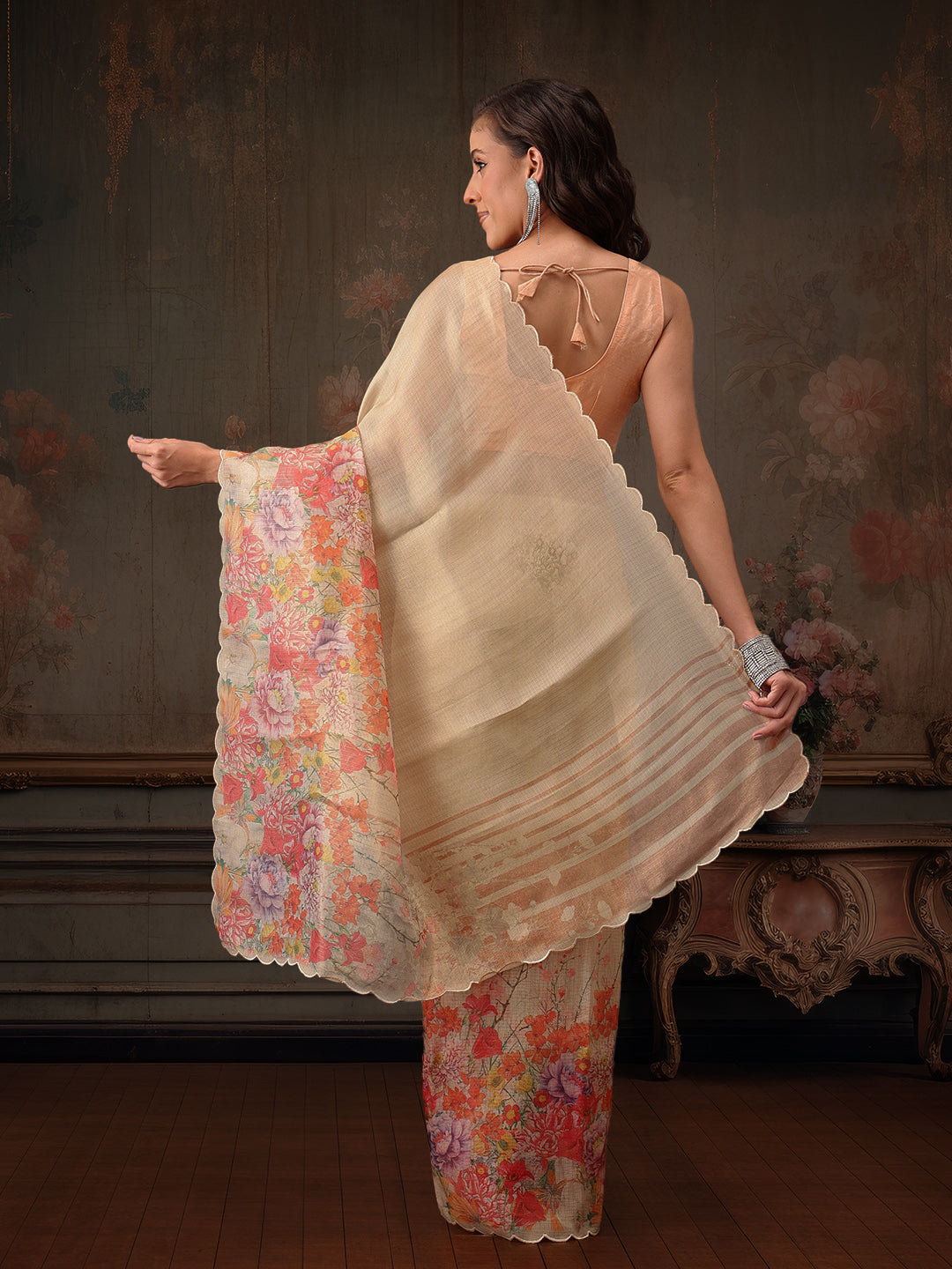 Hiral Fashion Beige Kota Doria Tissue Silk Floral Digital Print Saree