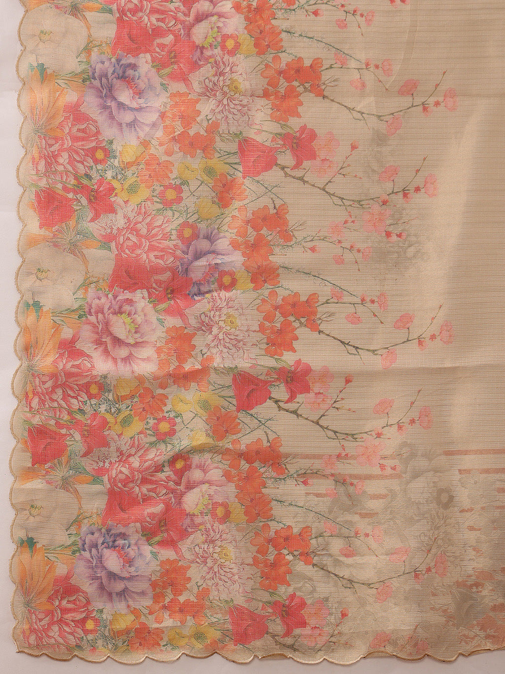 Hiral Fashion Beige Kota Doria Tissue Silk Floral Digital Print Saree