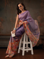 Hiral Fashion Lavender Kota Doria Tissue Silk Floral Digital Print Saree