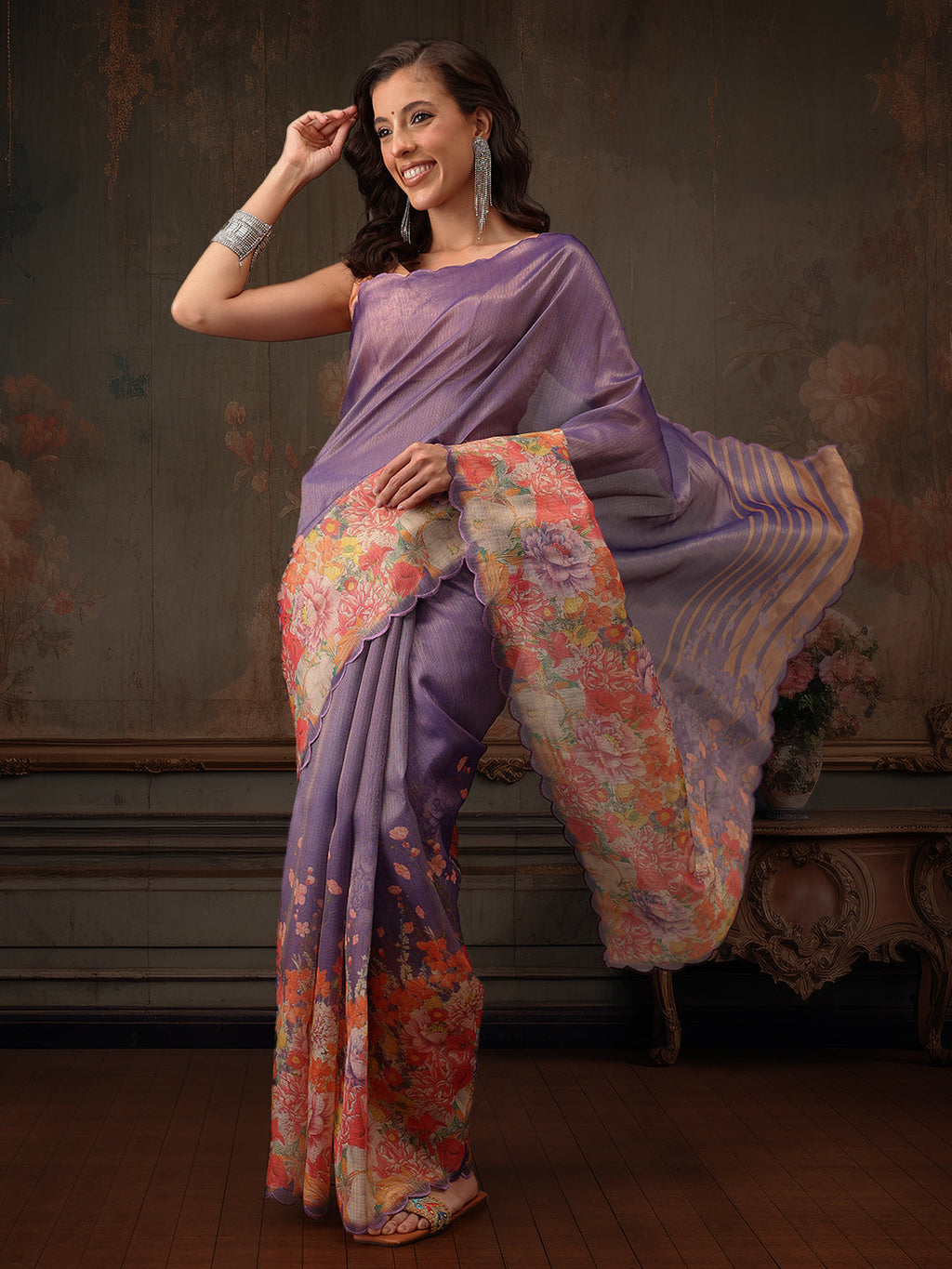 Hiral Fashion Lavender Kota Doria Tissue Silk Floral Digital Print Saree