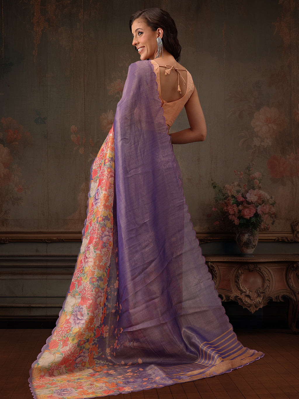 Hiral Fashion Lavender Kota Doria Tissue Silk Floral Digital Print Saree