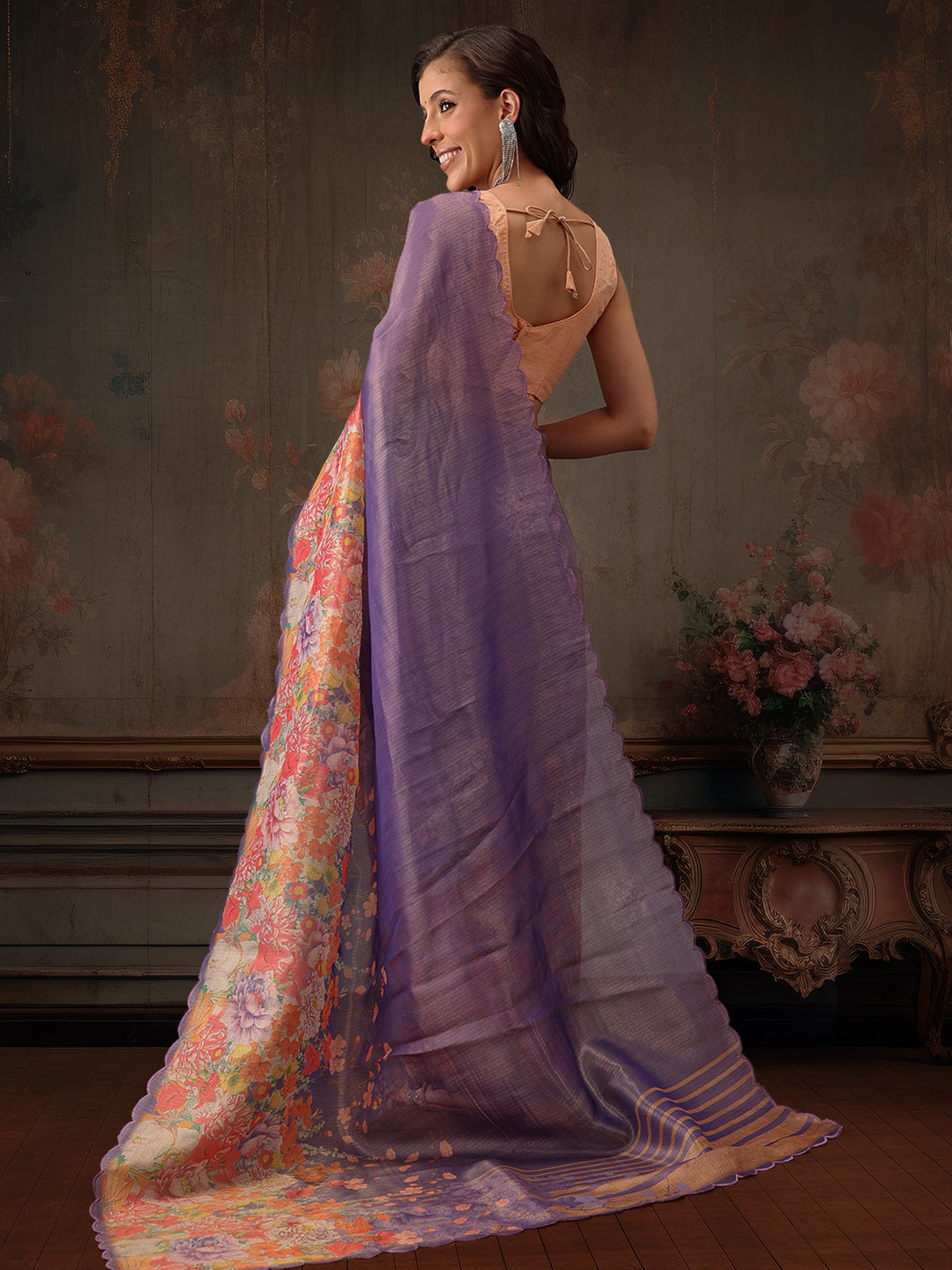 Hiral Fashion Lavender Kota Doria Tissue Silk Floral Digital Print Saree
