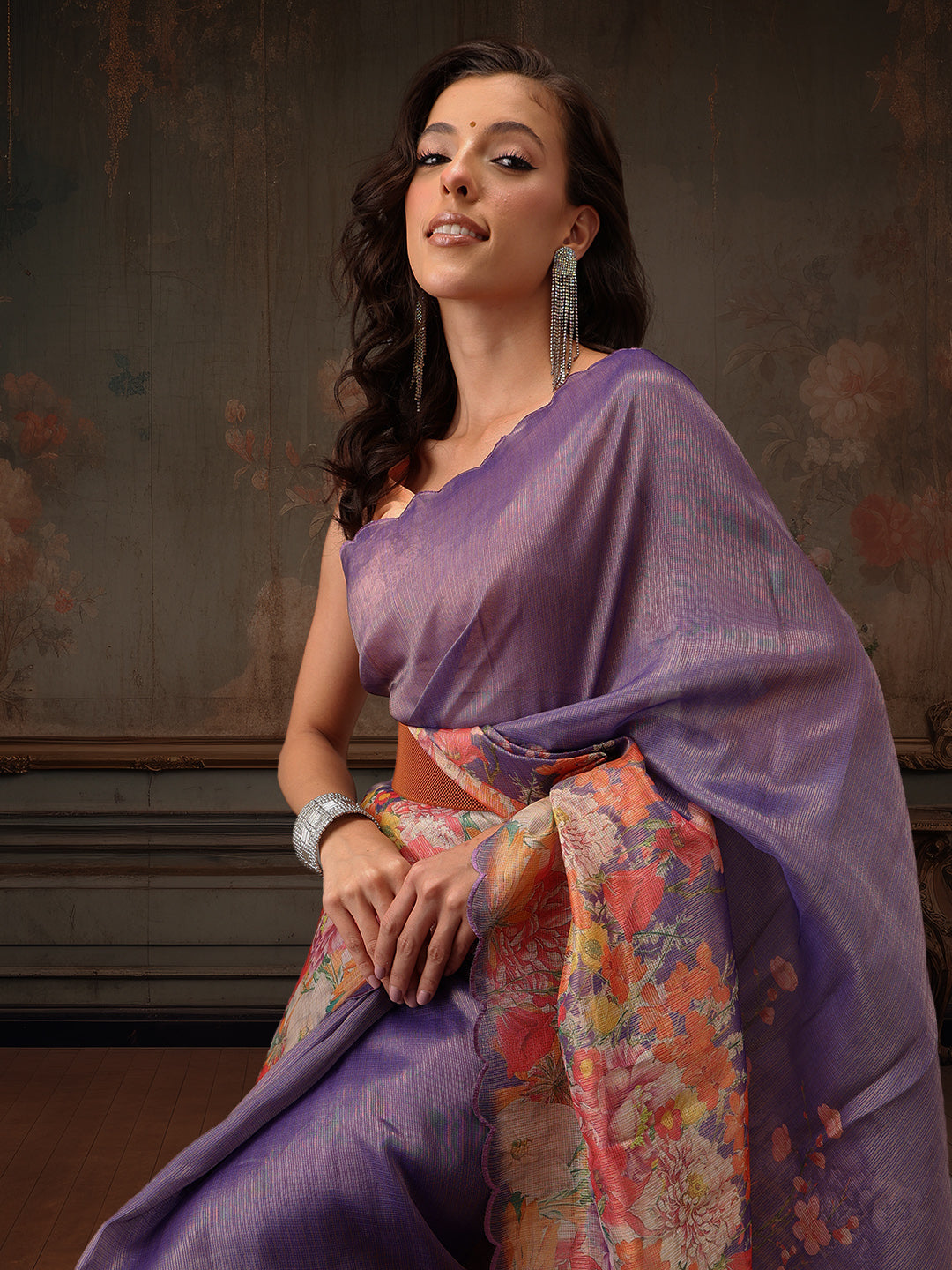Hiral Fashion Lavender Kota Doria Tissue Silk Floral Digital Print Saree