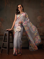 Hiral Fashion Blue Kota Doria Tissue Silk Floral Digital Print Saree