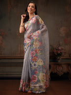 Hiral Fashion Blue Kota Doria Tissue Silk Floral Digital Print Saree
