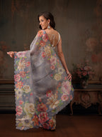 Hiral Fashion Blue Kota Doria Tissue Silk Floral Digital Print Saree