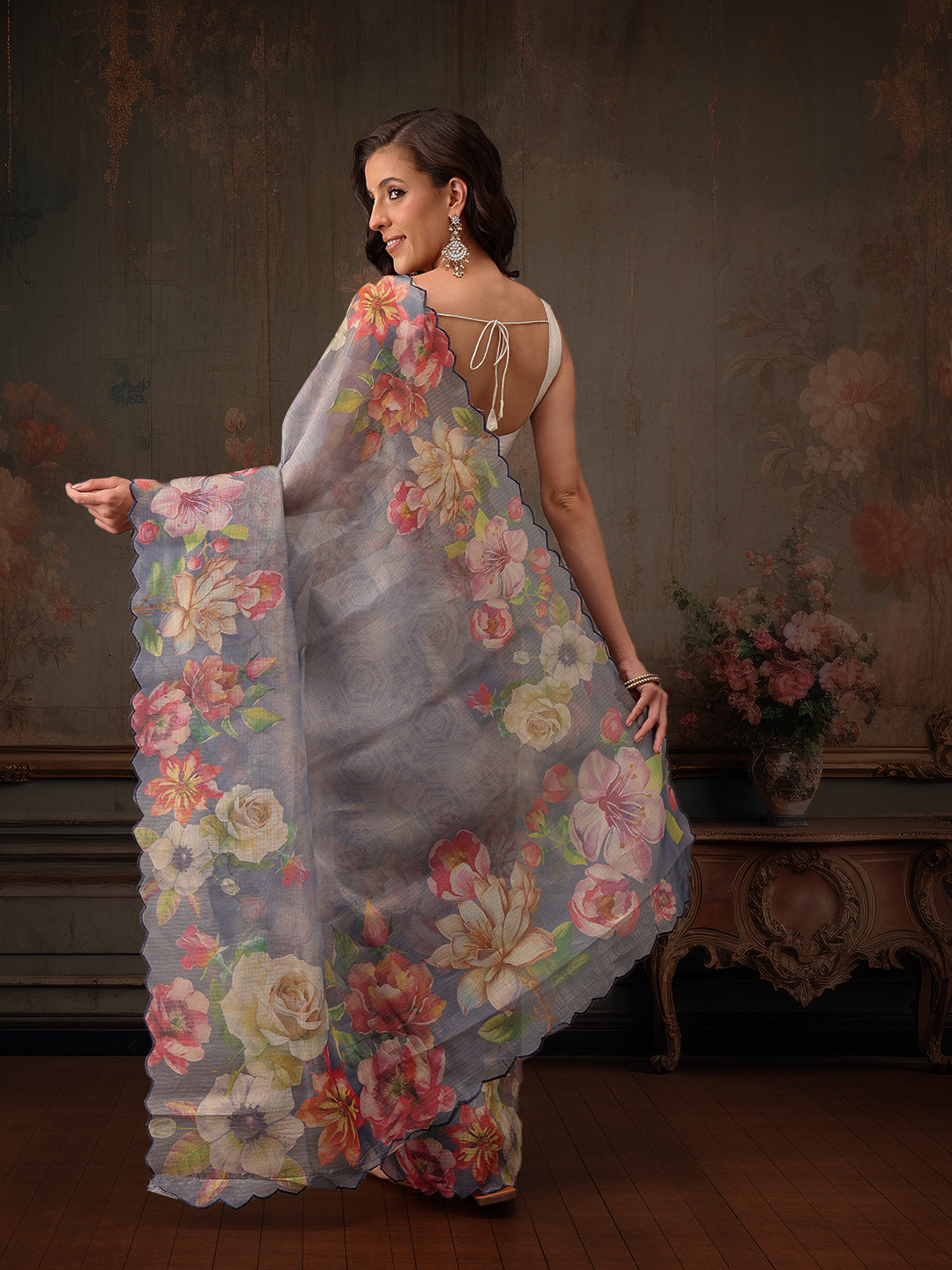 Hiral Fashion Blue Kota Doria Tissue Silk Floral Digital Print Saree
