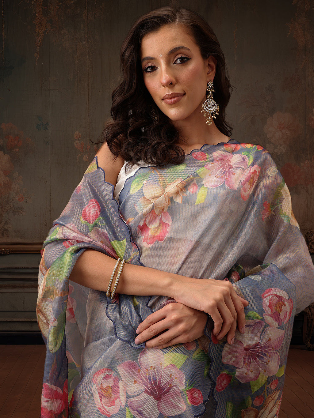 Hiral Fashion Blue Kota Doria Tissue Silk Floral Digital Print Saree