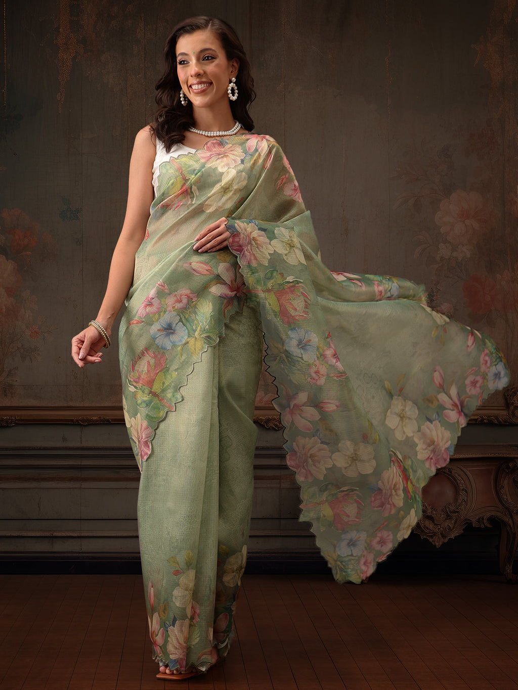 Hiral Fashion Green Kota Doria Tissue Silk Floral Digital Print Saree