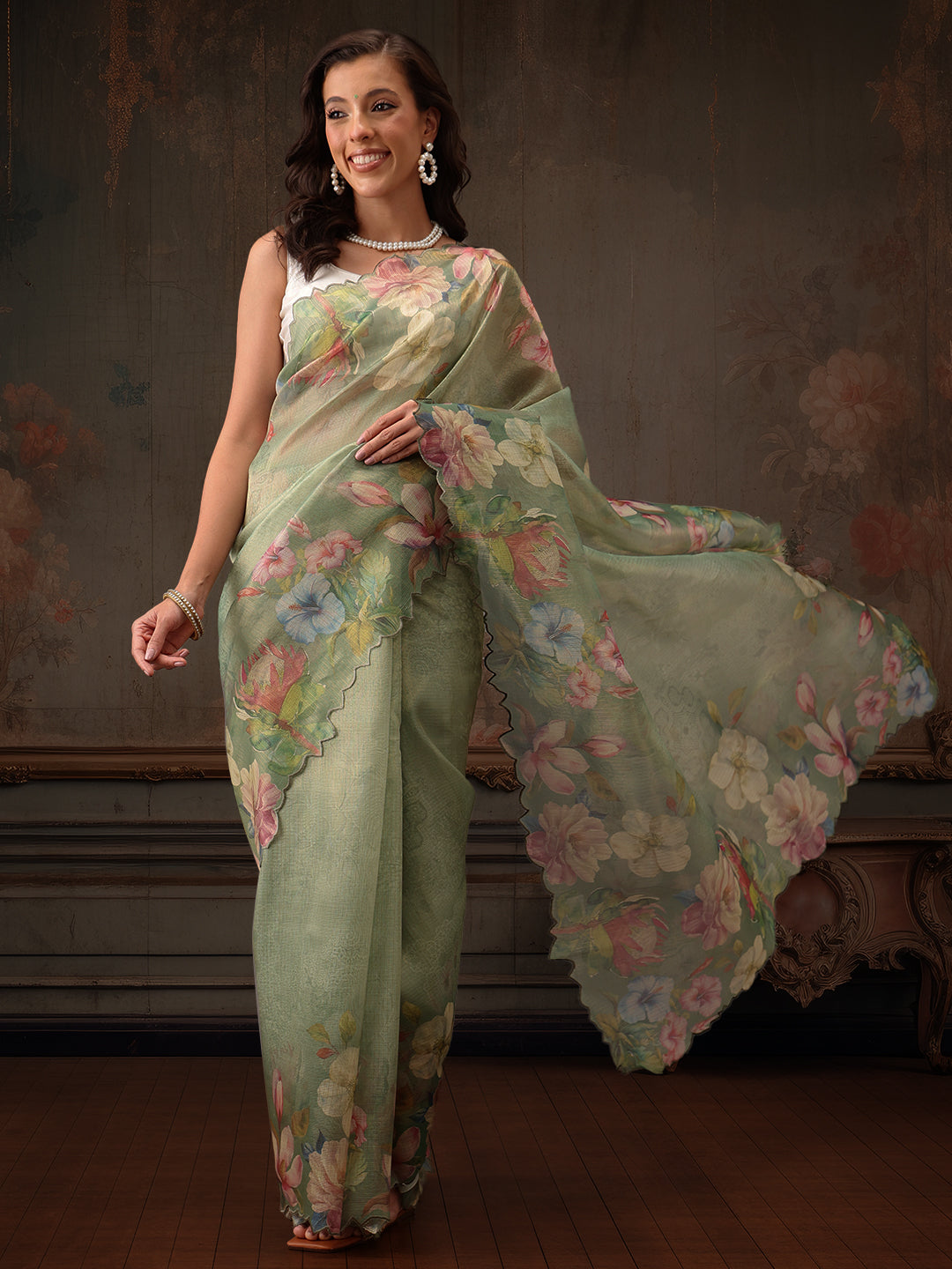Hiral Fashion Green Kota Doria Tissue Silk Floral Digital Print Saree