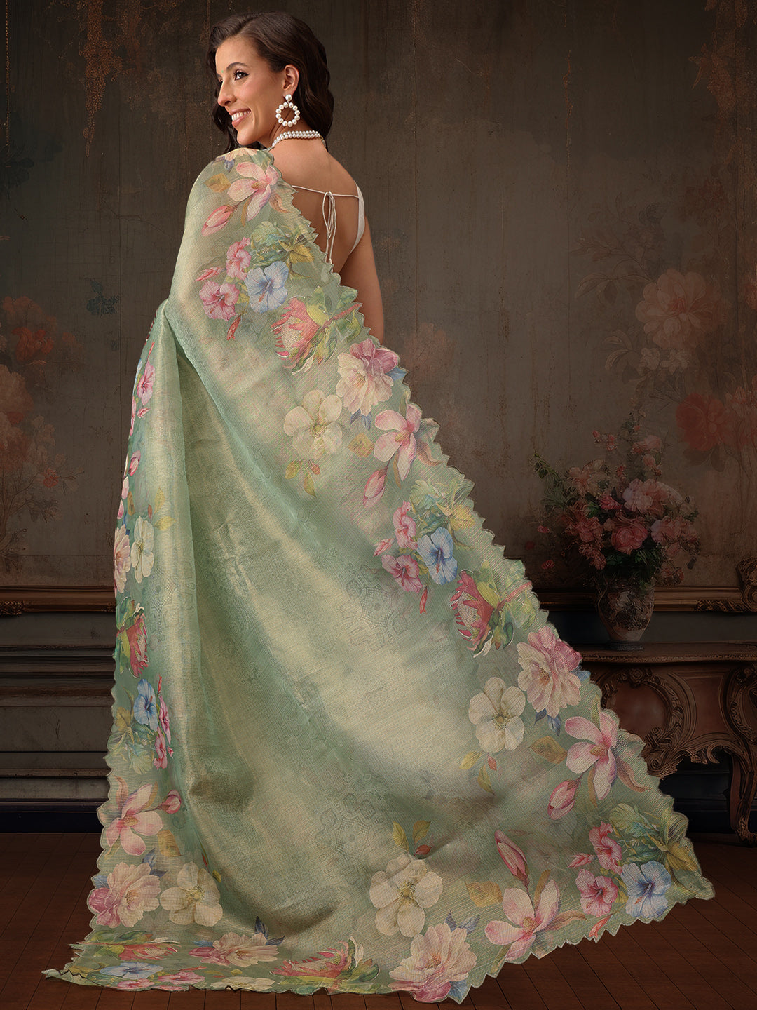 Hiral Fashion Green Kota Doria Tissue Silk Floral Digital Print Saree