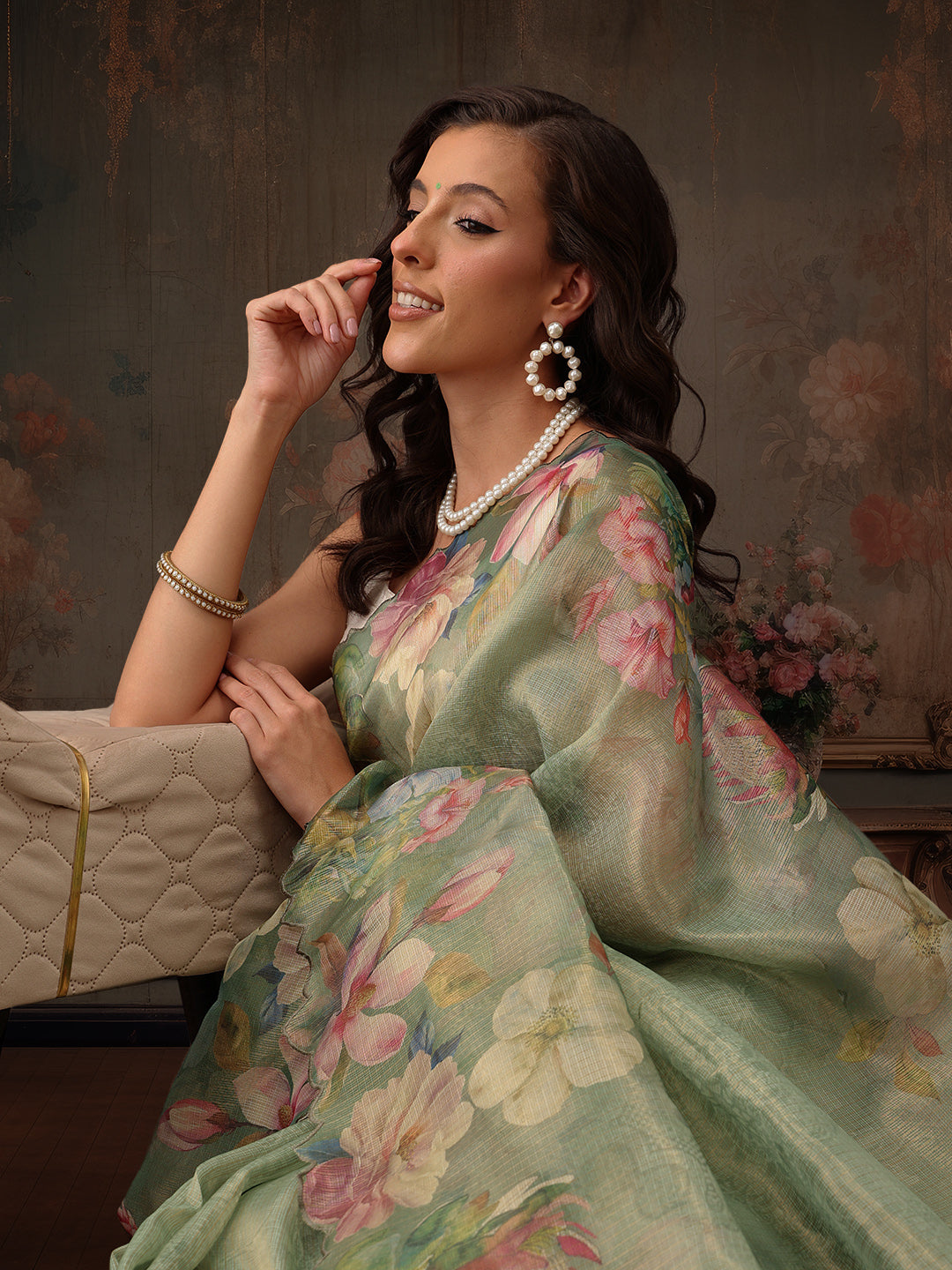 Hiral Fashion Green Kota Doria Tissue Silk Floral Digital Print Saree