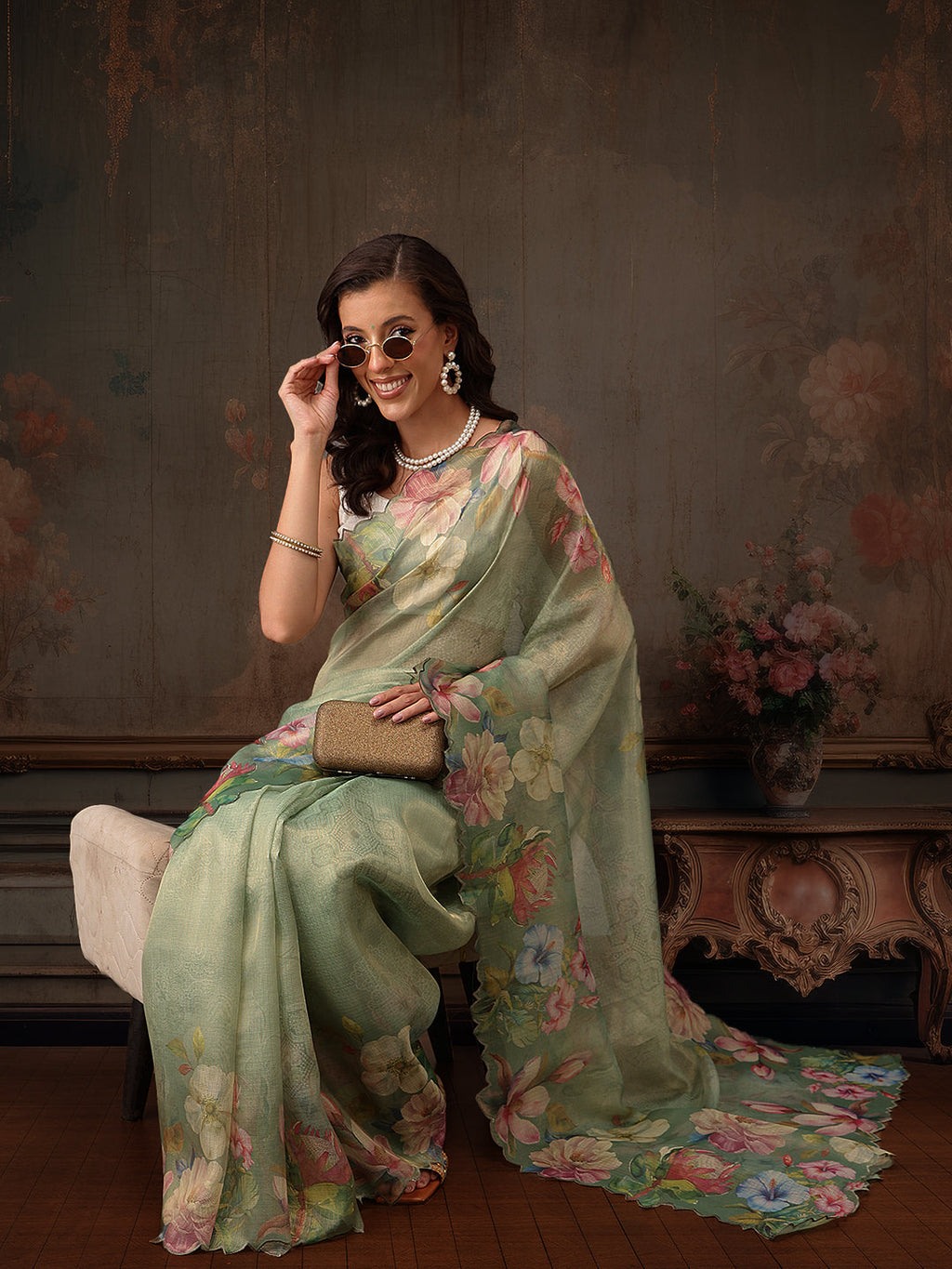 Hiral Fashion Green Kota Doria Tissue Silk Floral Digital Print Saree