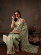 Hiral Fashion Green Kota Doria Tissue Silk Floral Digital Print Saree
