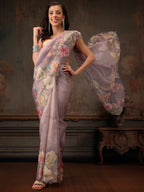Hiral Fashion Lavender Kota Doria Tissue Silk Floral Digital Print Saree