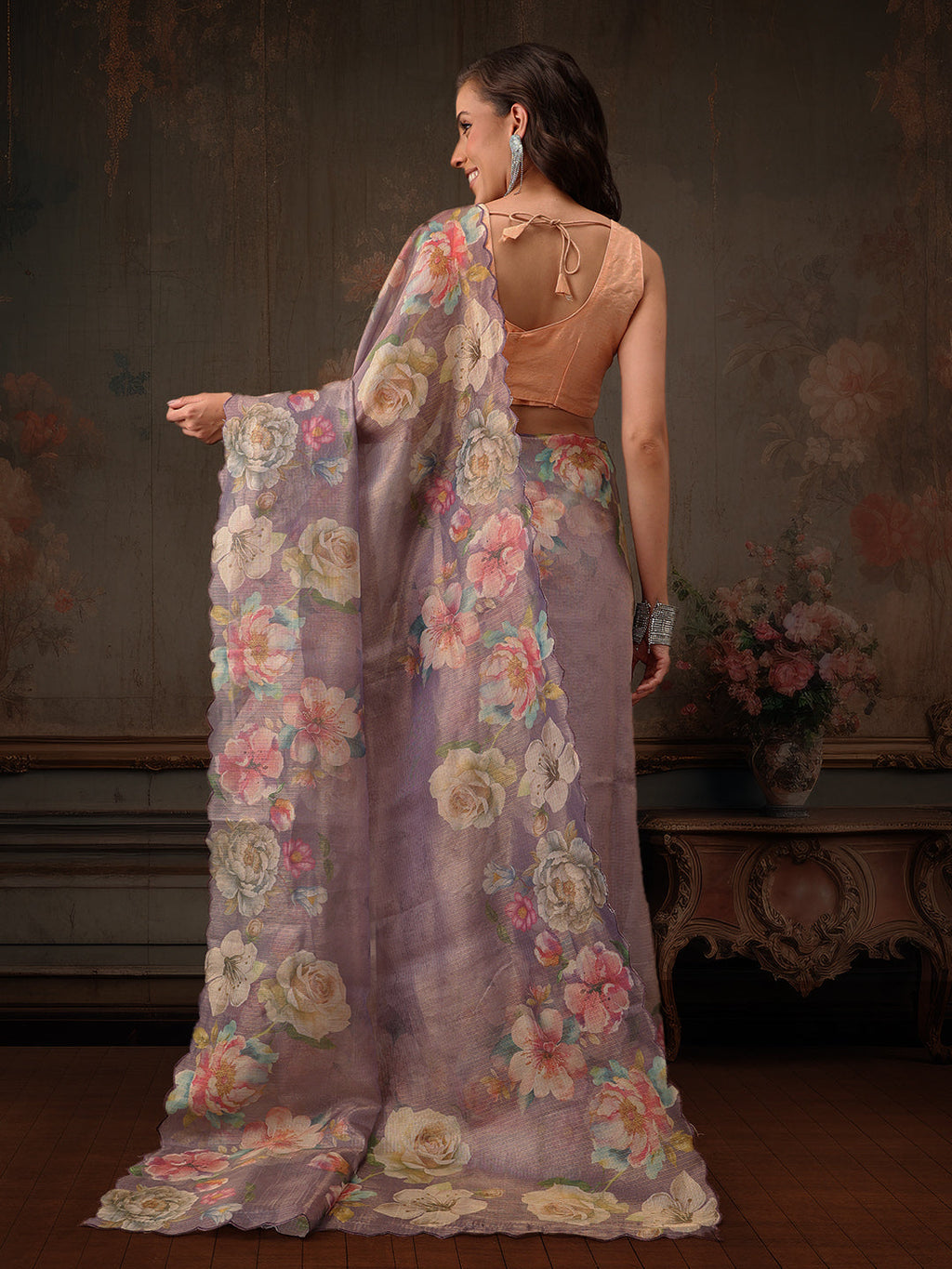 Hiral Fashion Lavender Kota Doria Tissue Silk Floral Digital Print Saree
