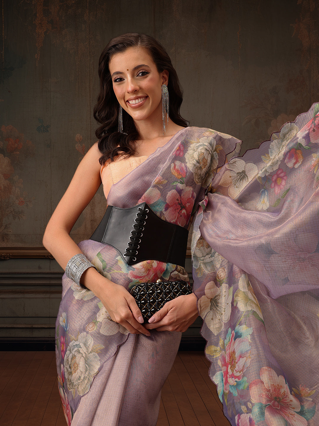 Hiral Fashion Lavender Kota Doria Tissue Silk Floral Digital Print Saree