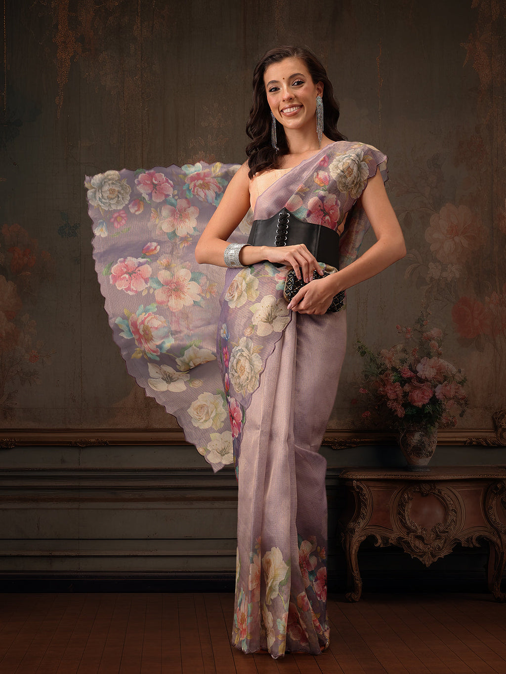 Hiral Fashion Lavender Kota Doria Tissue Silk Floral Digital Print Saree