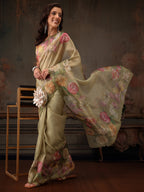 Hiral Fashion Olive Kota Doria Tissue Silk Floral Digital Print Saree