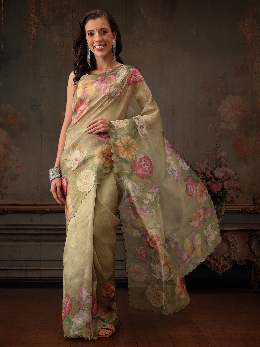 Hiral Fashion Olive Kota Doria Tissue Silk Floral Digital Print Saree