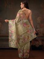 Hiral Fashion Olive Kota Doria Tissue Silk Floral Digital Print Saree