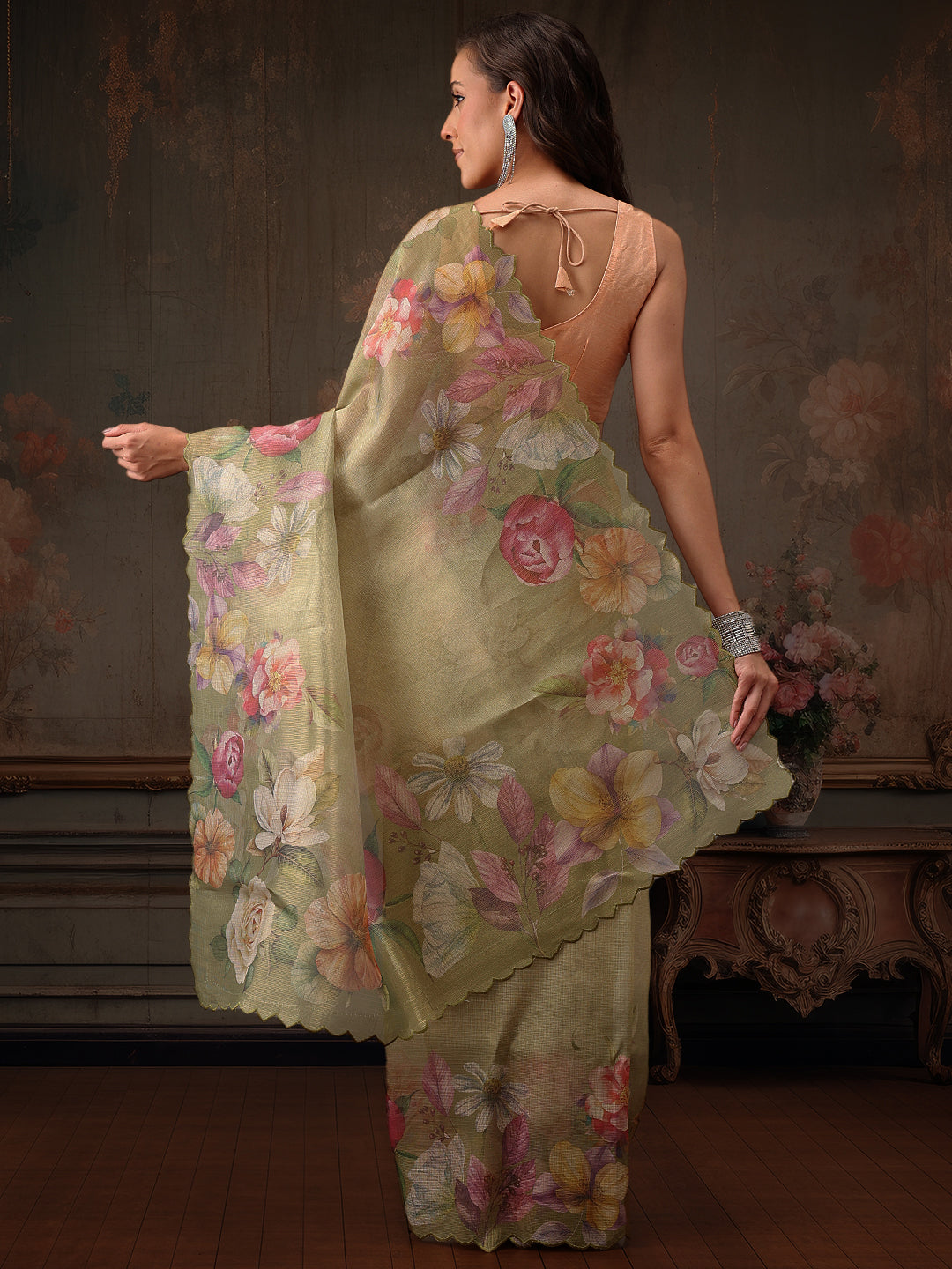 Hiral Fashion Olive Kota Doria Tissue Silk Floral Digital Print Saree