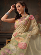 Hiral Fashion Olive Kota Doria Tissue Silk Floral Digital Print Saree