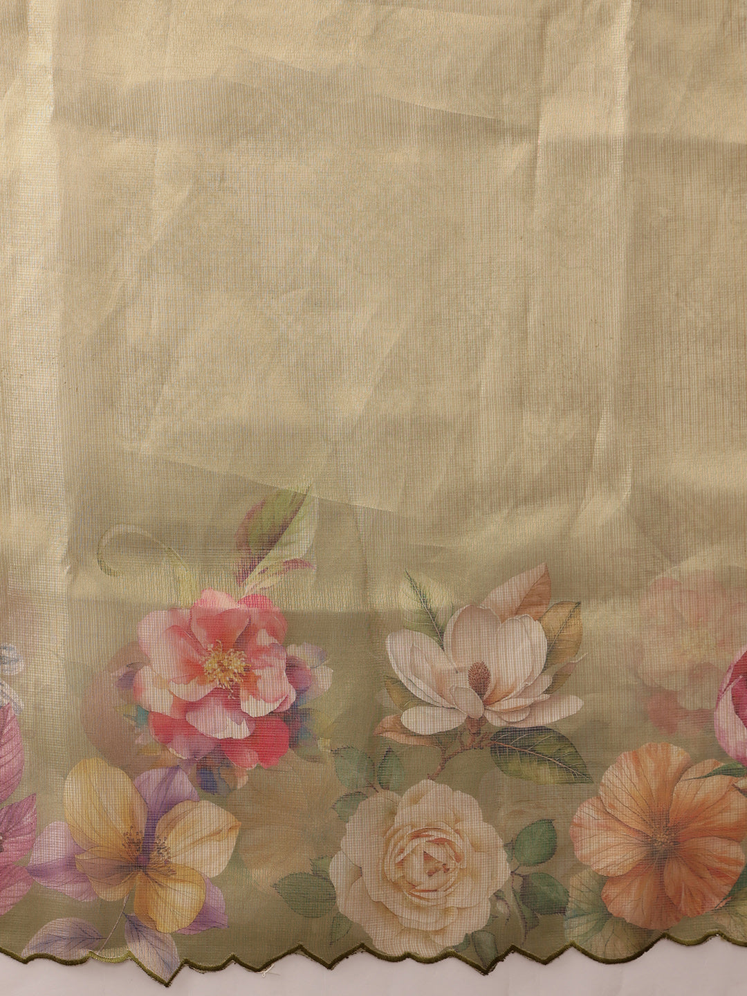 Hiral Fashion Olive Kota Doria Tissue Silk Floral Digital Print Saree