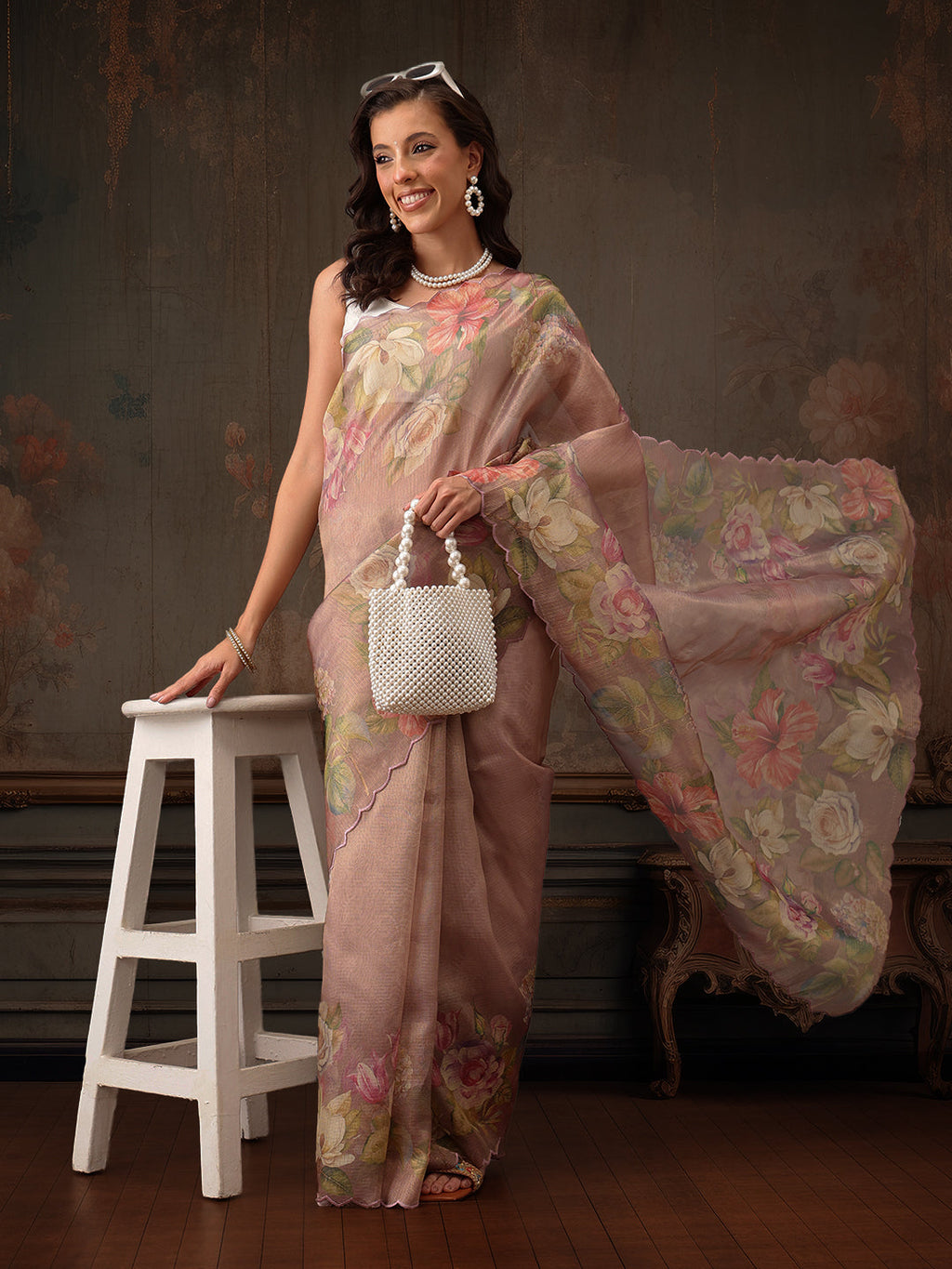 Hiral Fashion Peach Kota Doria Tissue Silk Floral Digital Print Saree