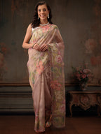 Hiral Fashion Peach Kota Doria Tissue Silk Floral Digital Print Saree