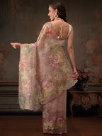 Hiral Fashion Peach Kota Doria Tissue Silk Floral Digital Print Saree
