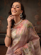 Hiral Fashion Peach Kota Doria Tissue Silk Floral Digital Print Saree
