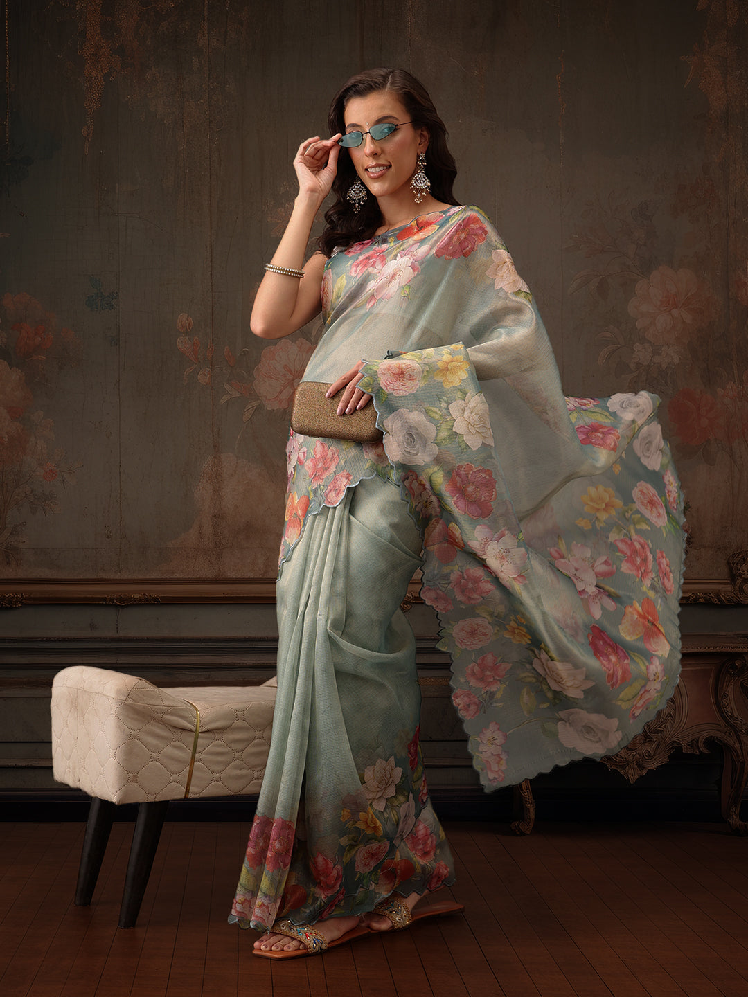 Hiral Fashion Teal Kota Doria Tissue Silk Floral Digital Print Saree