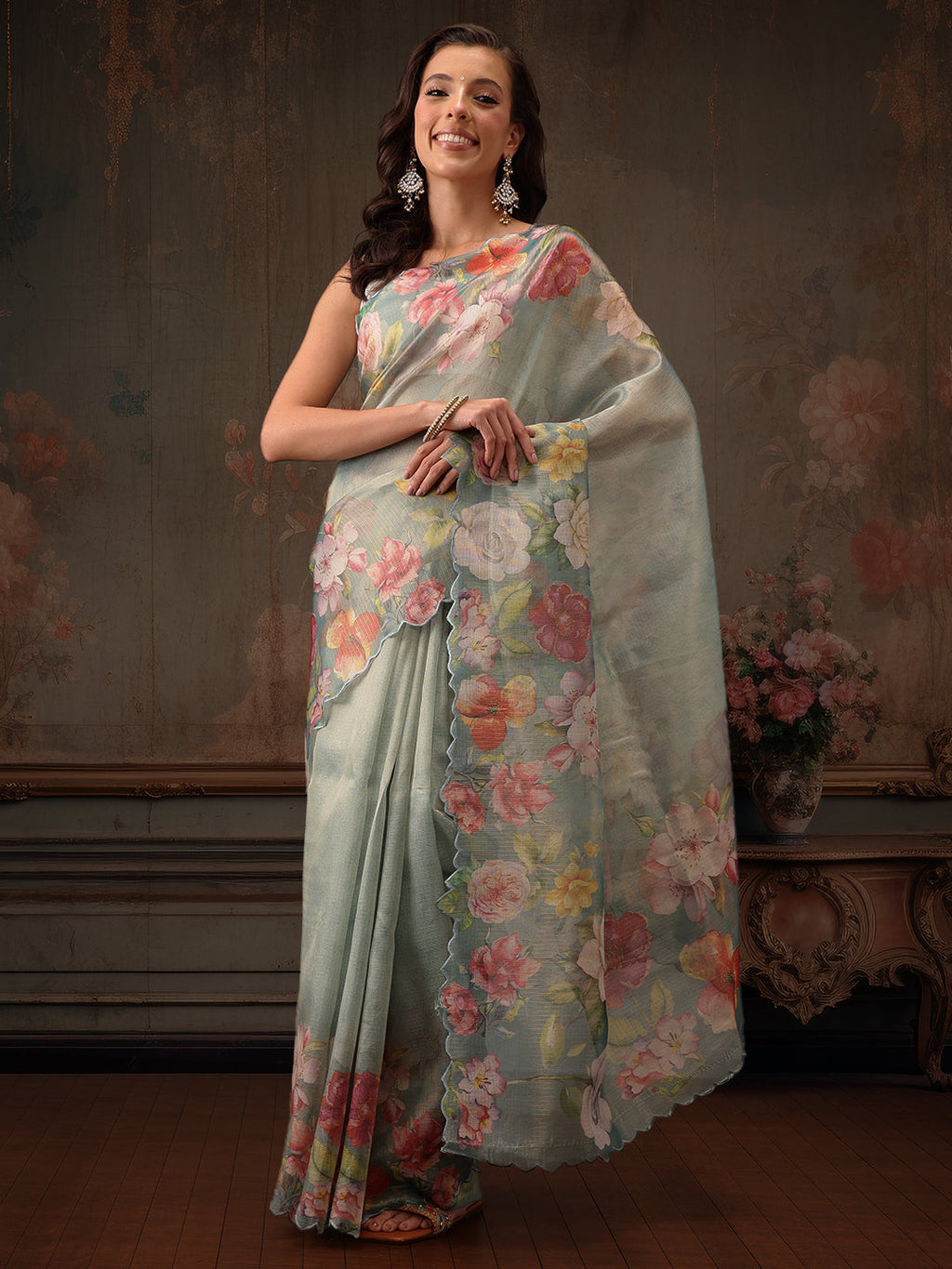 Hiral Fashion Teal Kota Doria Tissue Silk Floral Digital Print Saree