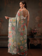 Hiral Fashion Teal Kota Doria Tissue Silk Floral Digital Print Saree