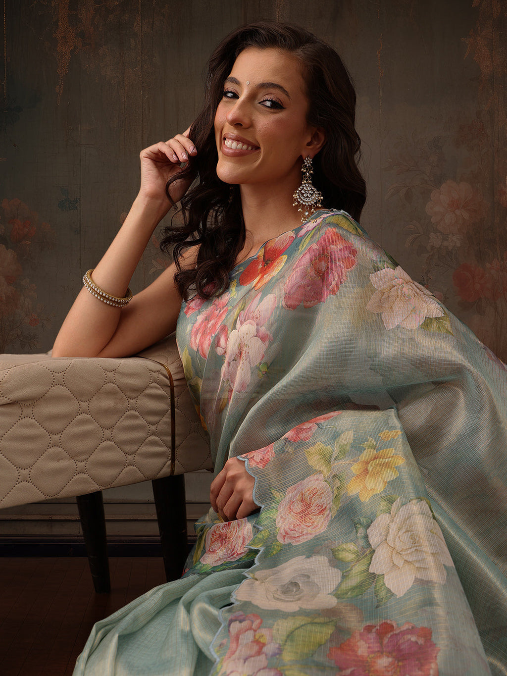 Hiral Fashion Teal Kota Doria Tissue Silk Floral Digital Print Saree