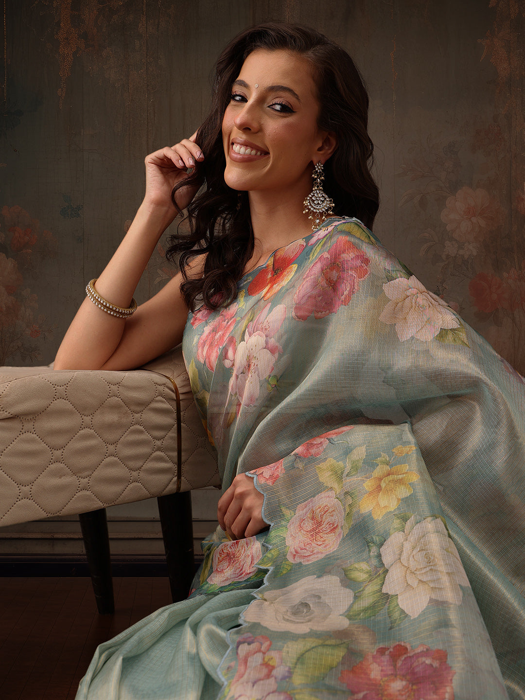 Hiral Fashion Teal Kota Doria Tissue Silk Floral Digital Print Saree