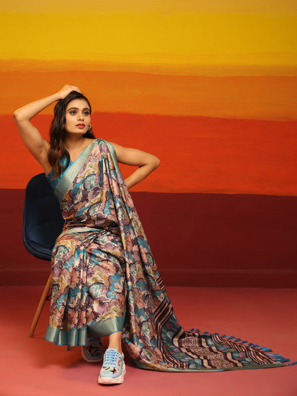 Turquoise Silk Blend Woven Zari Design Floral Saree with Unstitched Blouse - Hiral Fashion