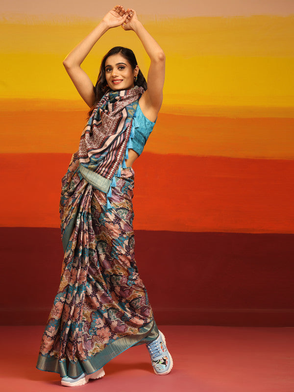 Turquoise Silk Blend Woven Zari Design Floral Saree with Unstitched Blouse - Hiral Fashion