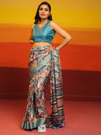 Turquoise Silk Blend Woven Zari Design Floral Saree with Unstitched Blouse - Hiral Fashion