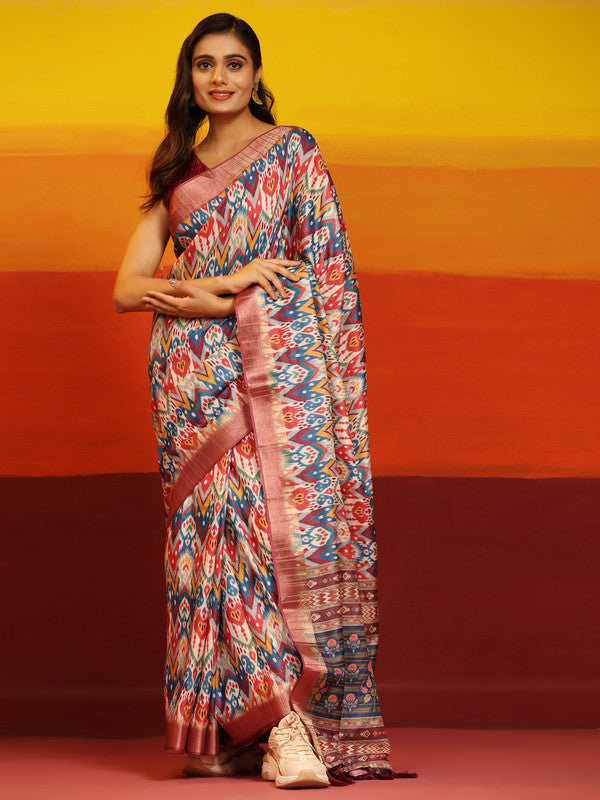 Pink Silk Blend Woven Zari Design Striped Saree with Unstitched Blouse - Hiral Fashion