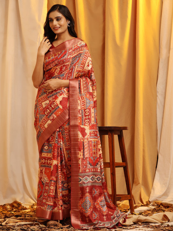 Cream Silk Blend Woven Zari Design Ethnic Motifs Saree with Unstitched Blouse - Hiral Fashion