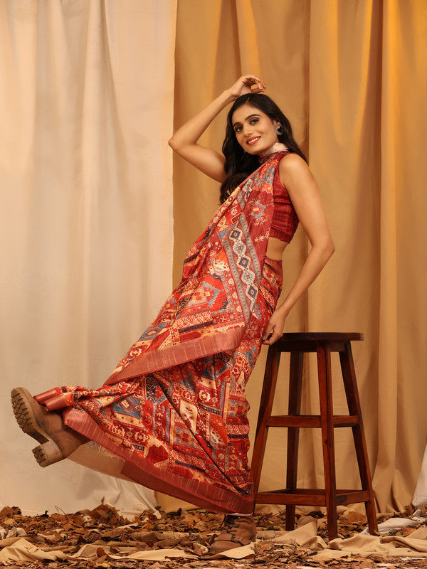 Cream Silk Blend Woven Zari Design Ethnic Motifs Saree with Unstitched Blouse - Hiral Fashion