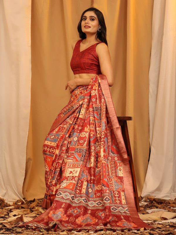 Cream Silk Blend Woven Zari Design Ethnic Motifs Saree with Unstitched Blouse - Hiral Fashion
