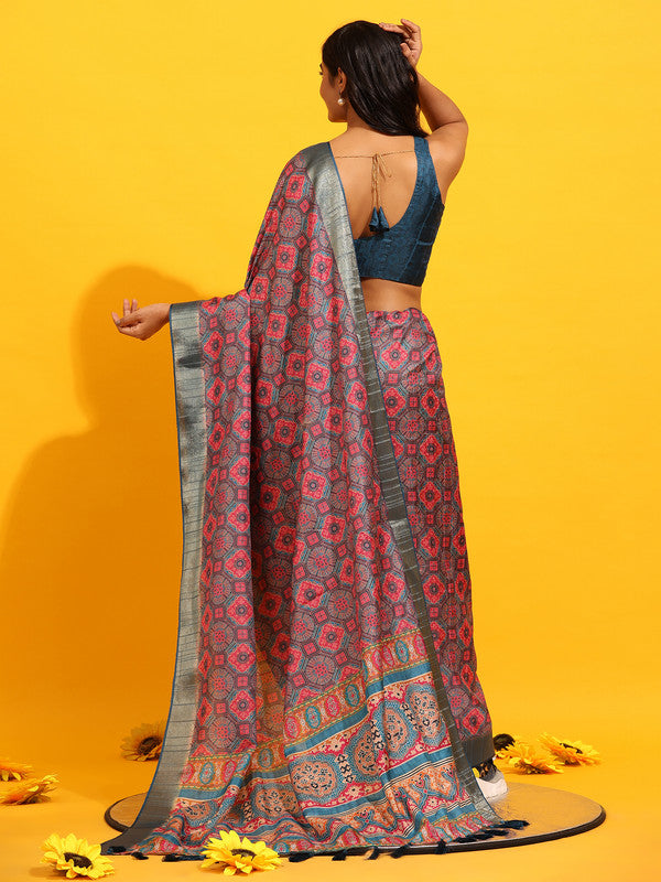 Red Silk Blend Woven Zari Design Geomatric Saree with Unstitched Blouse - Hiral Fashion
