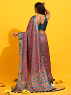 Red Silk Blend Woven Zari Design Geomatric Saree with Unstitched Blouse - Hiral Fashion