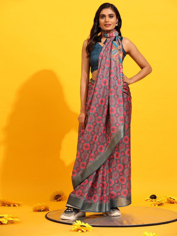 Red Silk Blend Woven Zari Design Geomatric Saree with Unstitched Blouse - Hiral Fashion